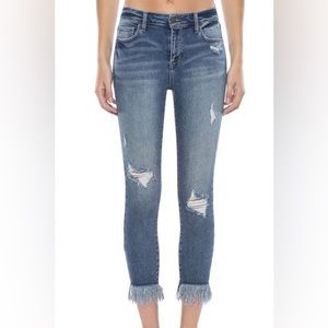 Cello Brand Mid Rise Destroy Fringe Crop Jeans